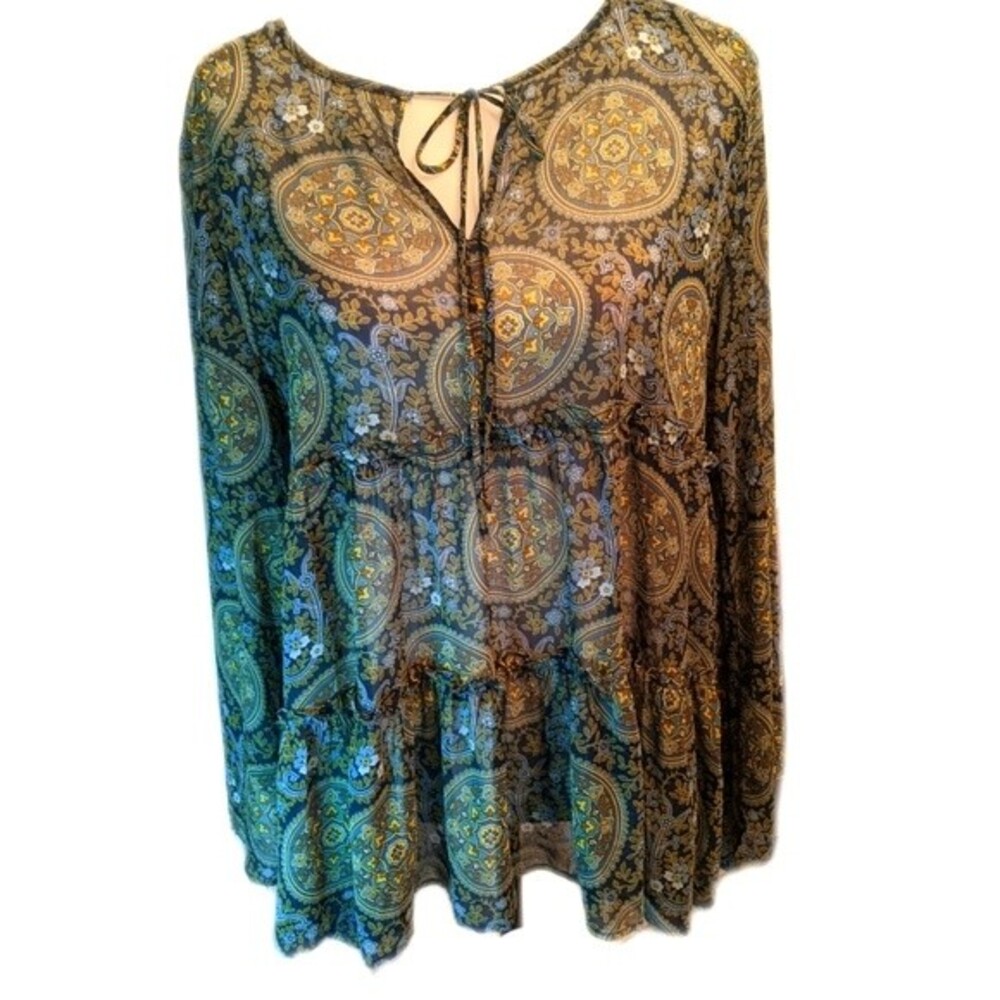 LOFT bell sleeve sheer blouse, bohemian print, navy blue green, tie neck M